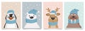 Set of four cute little kawaii cartoon arctic animals wearing scarves and hats in the snow. Polar bear, fawn, walrus, penguin.