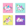 Set of four cute magic unicorns with wings. Vector illustration.