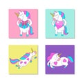 Set of four cute magic unicorns with wings. Vector illustration.