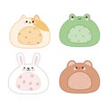 Set of four cute mochi in kawaii style. Cat, bear, rabbit, frog.