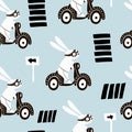 Set of four cute rabbit on scooter. Creative animal print with bunny for nursery,apparel,fabric,textile,cards. Vector Illustration