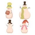 Set of four cute snowmen isolated on a white background. Vector graphics
