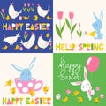 Set of four cute vector easter spring cards with rabbits, tulips and lettering and eggs Royalty Free Stock Photo