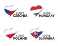Set of four Czech, Hungarian, Polish and Slovak heart shaped stickers. I love Czech Republic, Hungary, Poland and Slovakia