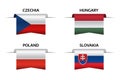 Set of four Czech, Hungarian, Polish and Slovak ribbons. Made in Czech Republic, Made in Hungary, Made in Poland