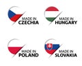 Set of four Czech, Hungarian, Polish and Slovak stickers. Made in Czech Republic, Made in Hungary, Made in Poland Royalty Free Stock Photo