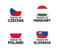 Set of four Czech, Hungarian, Polish and Slovak stickers. Made in Czech Republic, Made in Hungary, Made in Poland