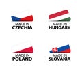 Set of four Czech, Hungarian, Polish and Slovak stickers. Made in Czech Republic, Made in Hungary, Made in Poland Royalty Free Stock Photo