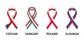 Set of four Czech, Hungarian, Polish and Slovak stripe ribbons. Pray for Czech Republic, Hungary, Poland and Slovakia