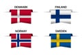 Set of four Danish, Finnish, Norwegian and Swedish ribbons. Made in Denmark, Made in Finland, Made in Norway and Made in Sweden