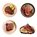 Set of four different beef steaks isolated on white background. Top view. Generative AI