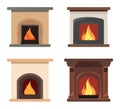 Set of four different fireplaces with burning fires. Various designs ranging from classic to modern style vector