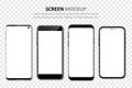 Set of four different smartphones with blank screen. Mock up of smartphones. Collection of smartphones with blank screen