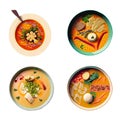 Set of four different soups in bowls isolated on white background. Generative AI