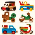 A set of four different types of wooden toys, wooden art toys, wooden art toys on base, mechanical vehicles. Royalty Free Stock Photo