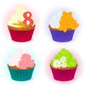 Set of four different yummy cupcake for International Women`s day with flowers for your design in cartoon style. Vector