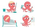 A set of four drawings of red octopus characters sleeping, cleaning, drawing and learning. Colored vector flat