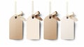 Set of four elegant blank hangtags in beige tones isolated on a white background with copyspace