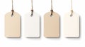 Set of four elegant blank hangtags in beige tones isolated on a white background with copyspace