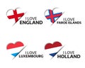 Set of four English, Faroe Islands, Luxembourgish and Dutch heart shaped stickers. I love England, Faroe Islands, Luxembourg Royalty Free Stock Photo