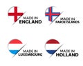 Set of four English, Faroe Islands, Luxembourgish and Dutch stickers. Made in England, Made in Faroe Islands, Made in Luxembourg Royalty Free Stock Photo