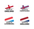 Set of four English, Faroe Islands, Luxembourgish and Dutch stickers. Made in England, Made in Faroe Islands, Made in Luxembourg Royalty Free Stock Photo