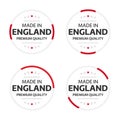 Set of four English icons, English title Made in England, premium quality stickers and symbols, internation labels with stars