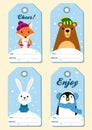 Set of four festive Christmas tags. Vector illustrations.