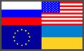 Set Of Four Flags Icons: European Union eu, Ukraine ua, Russia ru, Unites States Of America usa