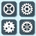 Set of four flat gear icons with long shadows on a graph engineering paper background.