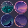 Set with four flat night landscapes with stars