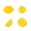 Set of four fresh lemons different views whole, half, slice, cone . Natural organic citrus fruits isolated on white. 3d realistic Royalty Free Stock Photo