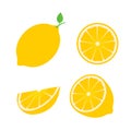 Set of four fresh lemons different views whole, half, slice. Natural organic fruits isolated on white background. Flat vector Royalty Free Stock Photo