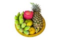 Set of four fruit trays, oranges, pineapples, bananas, apples.