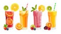 Four glasses of fresh juice with fruit slices on white background Royalty Free Stock Photo