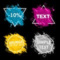 Set of four grunge splash banners. Vector splatter labels with space for text. Grunge label with geometric figures Royalty Free Stock Photo