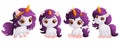 A set of four happy and cute milky unicorns with a purple mane. Pony with a yellow horn. Cartoon style, vector.