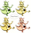 Set of four happy dragons: green, sandy, yellow and orange. Royalty Free Stock Photo