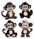 Set of four happy and funny monkeys in children\'s illustration style