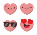 Set of four heart shaped emoticons. Vector emoji heads in the shape of hearts with different emotions on the face