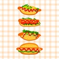 Set of four hot dogs grilled sausages, lettuce, condiments and buns Royalty Free Stock Photo