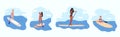 Set of four illustration Water sports. Young woman standing on sup board isolated.