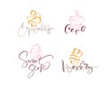 Set of four illustrations of cake vector calligraphic text with logo. Sweet cupcake with cream, vintage dessert emblem