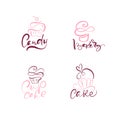 Set of four illustrations of cake vector calligraphic text with logo. Sweet cupcake with cream, vintage dessert emblem