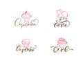 Set of four illustrations of cake vector calligraphic text with logo. Sweet cupcake with cream, vintage dessert emblem