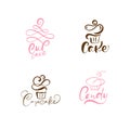 Set of four illustrations of cake vector calligraphic text with logo. Sweet cupcake with cream, vintage dessert emblem