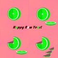 Set of four images of lime and Christmas tree made from pie and inscription happy new year