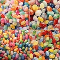 A set of four images of multi-colored jelly beans sweet candies.