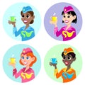 Set of four images of stewardesses with a cup in their hand