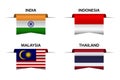 Set of four Indian, Indonesian, Malaysian and Thai ribbons. Made in India, Made in Indonesia, Made in Malaysia